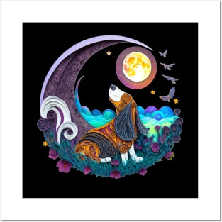 Basset Hound Dog in Space Crescent Moon Planets Stars Cute Posters and Art